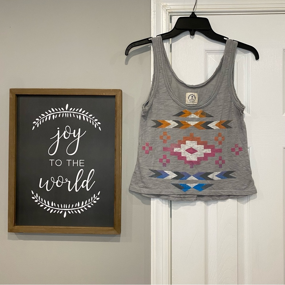 American Eagle Vintage T Gray Tribal Print Boho Tank Top Crop Small Colorful